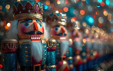 Colorful nutcracker figurines with a festive background of shimmering lights, perfect for holiday-themed designs.