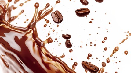 Milk Brown Coffee Liquid Swirl Splash with Coffee Beans Falling and Bubbles