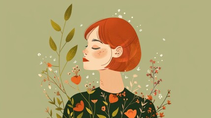 Chinese minimalism illustration, woman with red short hairs leaves and flowers, flat illustration Chinese figure illustration on olive green background, boho