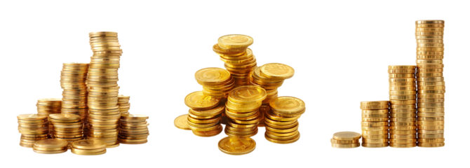 Gold coins stacked isolated on a transparent background