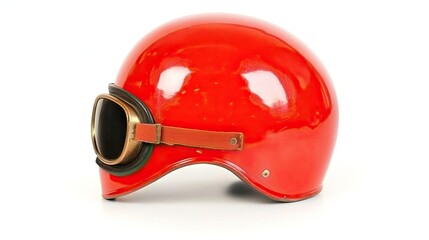 Fototapeta premium Vintage Red Motorcycle Helmet With Goggles Displayed On White Surface