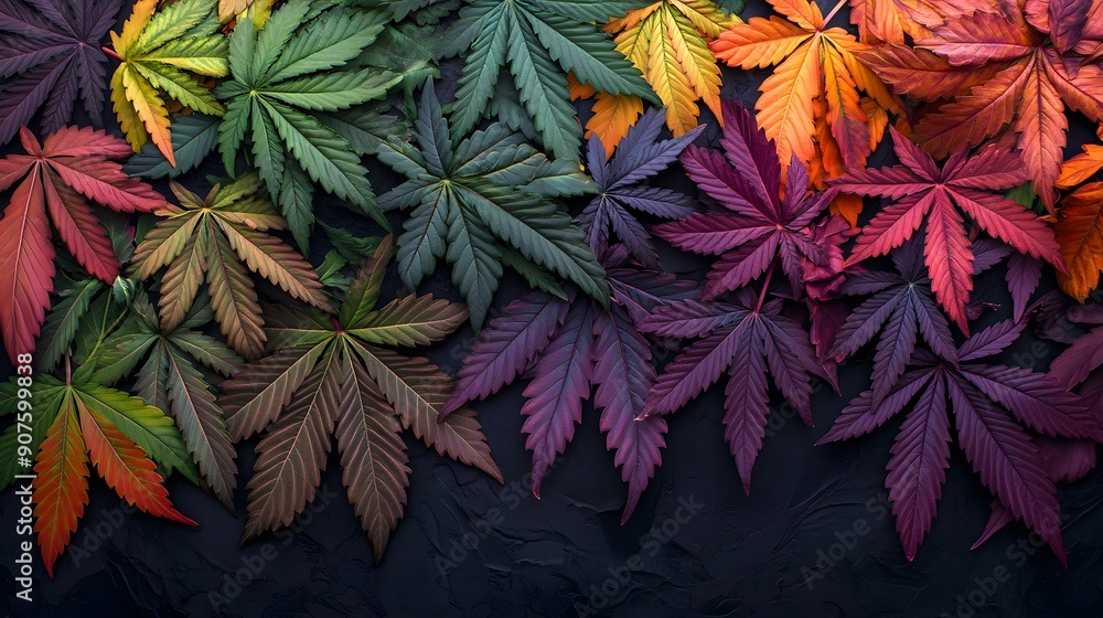 Poster autumn leaves on a nature background with vibrant colors of red and orange from maple trees