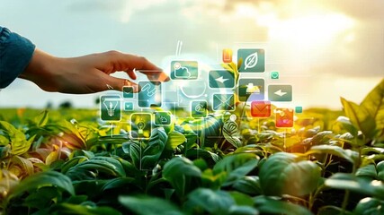 Agricultural workers on farms that uses a tablet with network and icons that represent modern technology and multimedia