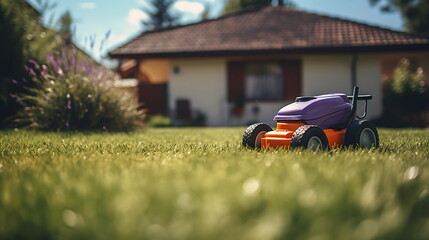 a lawn mower on the grass in a garden, generative ai