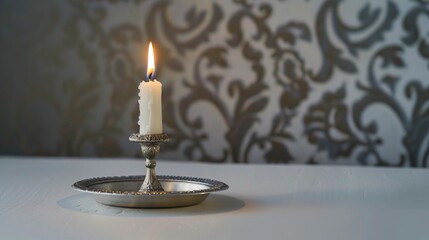 Close-Up of Yom Kippur Candle Holder Base with Lit Candle on White Surface