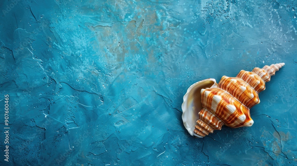 Poster seashell placed on blue surface with empty space on the left