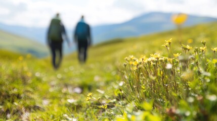 Two hikers explore a beautiful trail surrounded by vibrant wildflowers and breathtaking mountain views