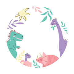 Round frame with cute dinosaurs. Dinosaur Kids Style. Cute character. Flat vector illustration.