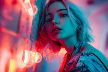 Fototapeta premium Striking portrait of woman that reflect vibrant neon lights in background