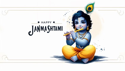 Watercolor card illustration for janmashtami with lord krishna playing flute.