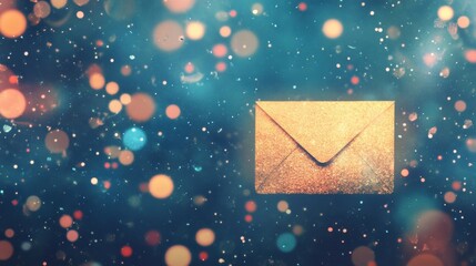 Naklejka premium A shimmering golden envelope rests against a vibrant cosmic backdrop filled with sparkling lights