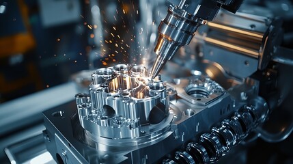 A closeup scene of a 5axis machining center cutting a V8 engine cylinder block with a solid ball end mill tool illustrating the highprecision automotive manufacturing process with a