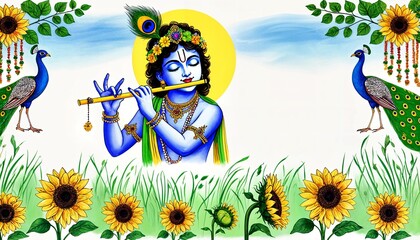 Fototapeta premium Watercolor illustration for janmashtami with lord krishna playing flute