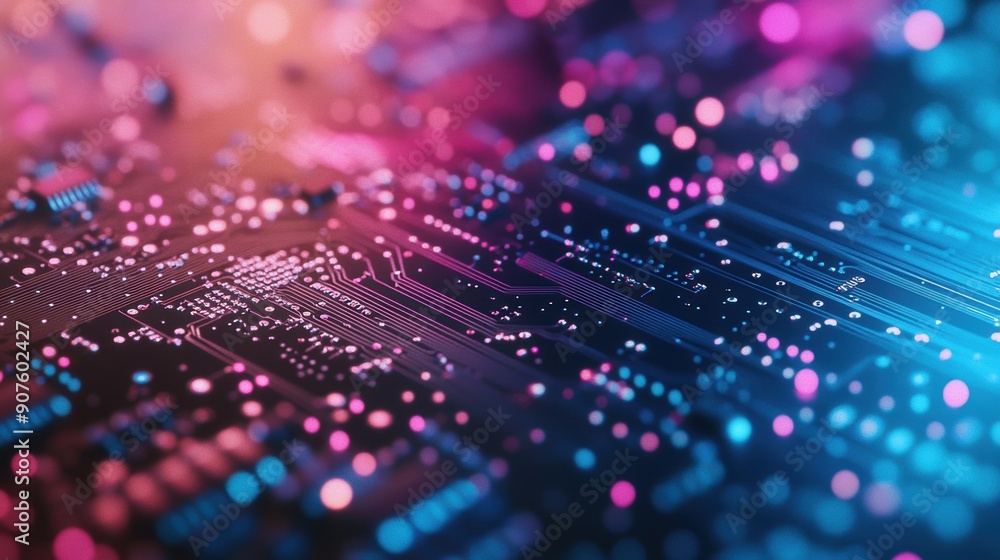 Poster an abstract circuit board design illuminated by vibrant neon lights in a captivating array of colors
