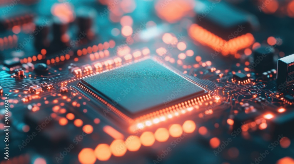 Poster a detailed view of a circuit board with glowing led lights highlighting intricate connections and co