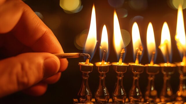 Close-Up of Hand Lighting Shamash Candle on Menorah, Focus on Flame Igniting Wick