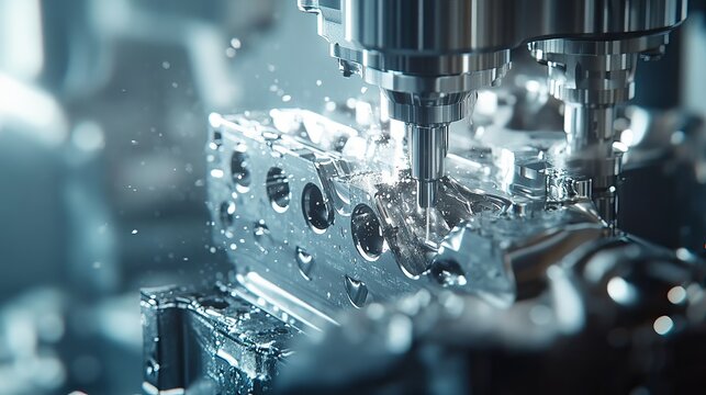 A closeup scene of a 5axis machining center cutting a V8 engine cylinder block with a solid ball end mill tool illustrating the highprecision automotive manufacturing process with a