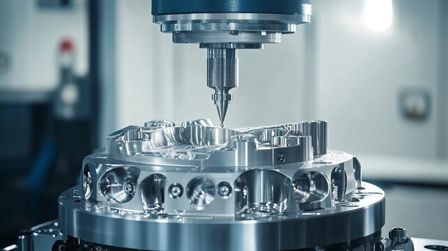 A closeup scene of a 5axis machining center cutting a V8 engine cylinder block with a solid ball end mill tool illustrating the highprecision automotive manufacturing process with a