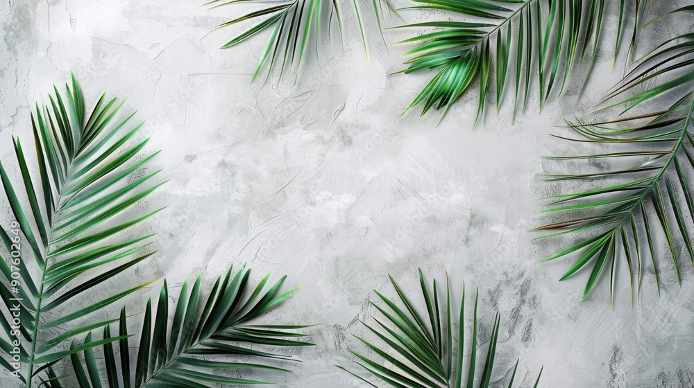 Poster summer themed composition with palm leaves on marble paper set on a soft gray backdrop concept evoke