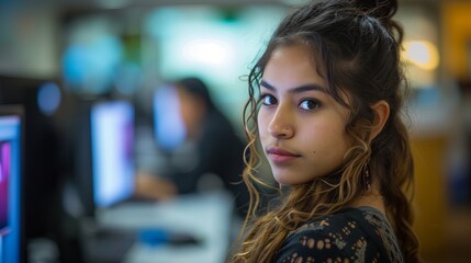 Smiling young Latin woman providing professional customer service support while working in a modern call center environment, showcasing effective communication and dedication to client satisfaction.