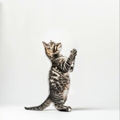 Medium shot of A cute kitten standing on its hind legs, with paws raised, with soft 