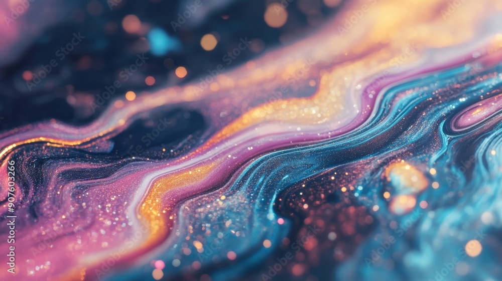 Poster colorful iridescent fluid waves flow harmoniously across an abstract textured surface