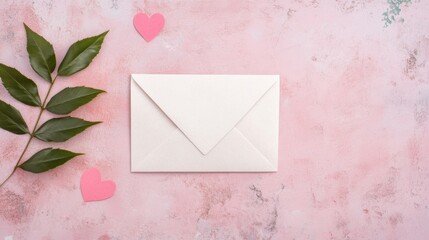 A love letter envelope rests on a pastel surface with leaves and heart cutouts nearby, exuding a romantic atmosphere