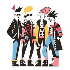 Diverse group young adults dressed punk rock clothing standing together isolated white background. Characters colorful eccentric outfits, boots, unique hairstyles alternative lifestyle illustration