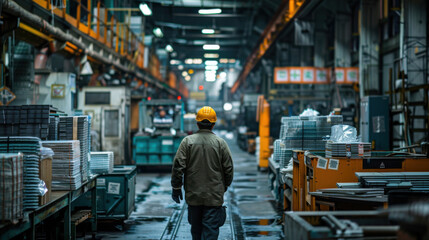 Obraz premium A factory worker wearing a hard hat walks through an industrial facility, highlighting the manufacturing environment.