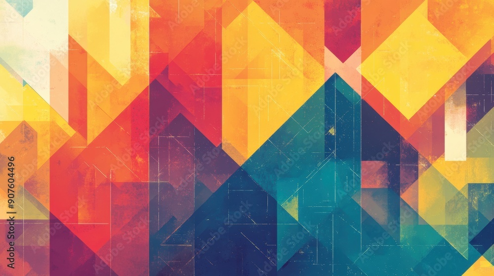 Poster a vibrant geometric pattern features a blend of colorful shapes and hues arranged in an abstract gri