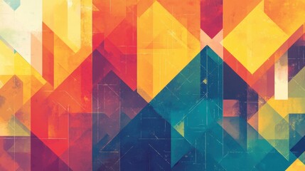 A vibrant geometric pattern features a blend of colorful shapes and hues arranged in an abstract grid