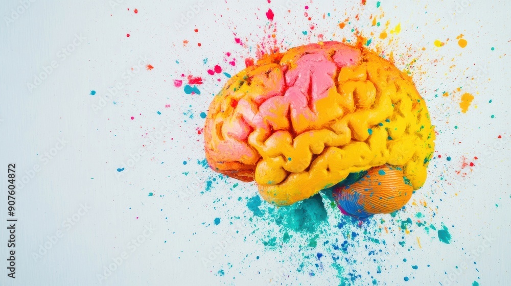 Poster a colorful brain bursts with paint splashes in various vibrant hues, creating an exciting visual eff