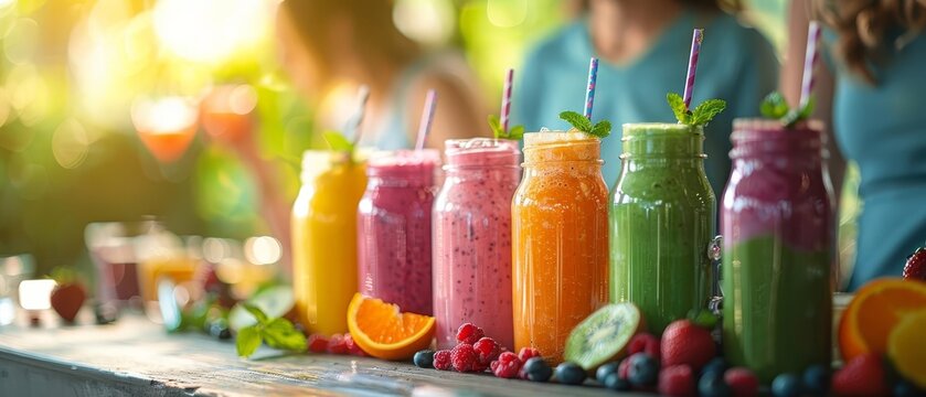 A serene scene of a family enjoying smoothies on a sunny morning, with a variety of flavors like berry, tropical, and green smoothies on the table, high detail