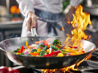 A chef is cooking vegetables in a pan with a lot of smoke and fire