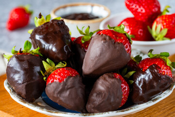 Fresh strawberries dipped in dark chocolate