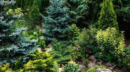 Fototapeta premium Cozy corner of summer garden in mountain where mixed different deciduous and coniferous plants with various textures and colors of foliage Landscaping or horticulture gardening concept : Generative AI