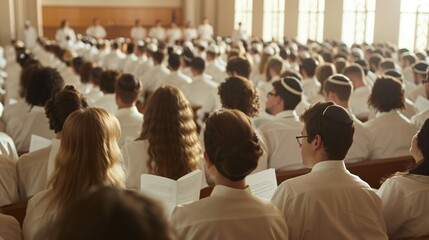 Obraz premium Solemn Yom Kippur Prayer Service with Congregation in White Attire