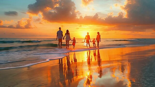 Asian family having a good time relaxing and having fun outdoors while travelling to a tropical island beach at dusk.