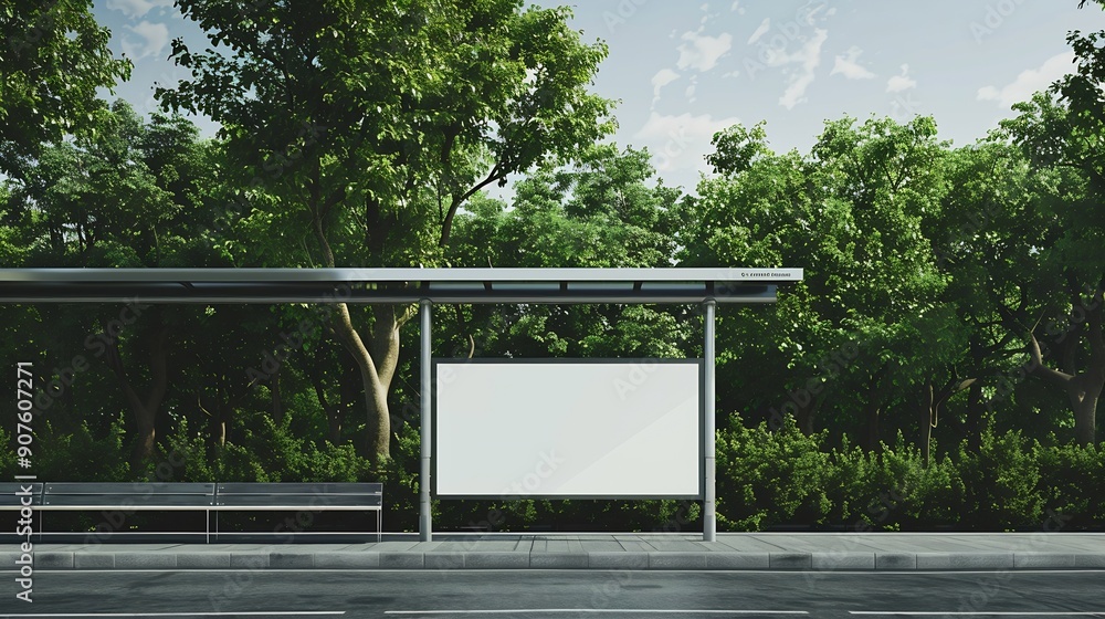 Poster billboard at the bus stop green trees in the background mockup : generative ai