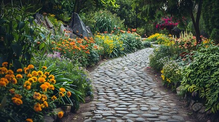 Obraz premium Flower beds and cobblestone walkways in an English garden filled with a variety of colorful flowers : Generative AI