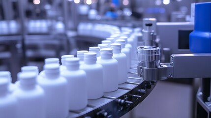 Obraz premium A white plastic bottle moves along the conveyor belt of an automatic capping and labeling machine at a cosmetic and skincare manufacturing facility representing the cosmetic industry and