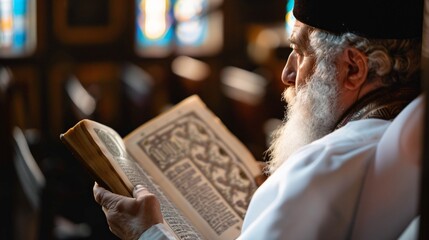 Kol Nidre Service Close-Up of Cantor or Rabbi with Prayer Book in Synagogue