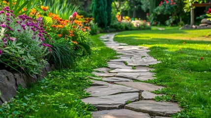 View of a stone paved path in a beautiful garden with a green grass lawn and colourful flowers in bloom : Generative AI