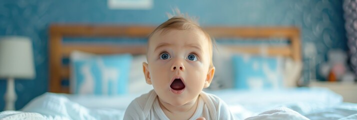 Obraz premium Baby Child and Astonished on Bed for Curiosity Reaction and Surprise in Nursery at Home Adorable Kid and Excited Infant Observing Wondering and Relaxing for Development