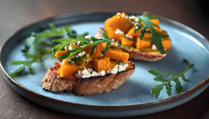 bruchetta, kürbis, cottage, cheese, essen, close up, rucola, alasser, herbstlich, gericht, brot, belegt, photo, makro, mahl, abendessen, snack, imbiss, salat, kraut, herbst, hokkaido, ad, teller, 