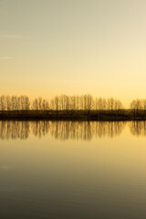 reflection of trees at sunset, river with reflection