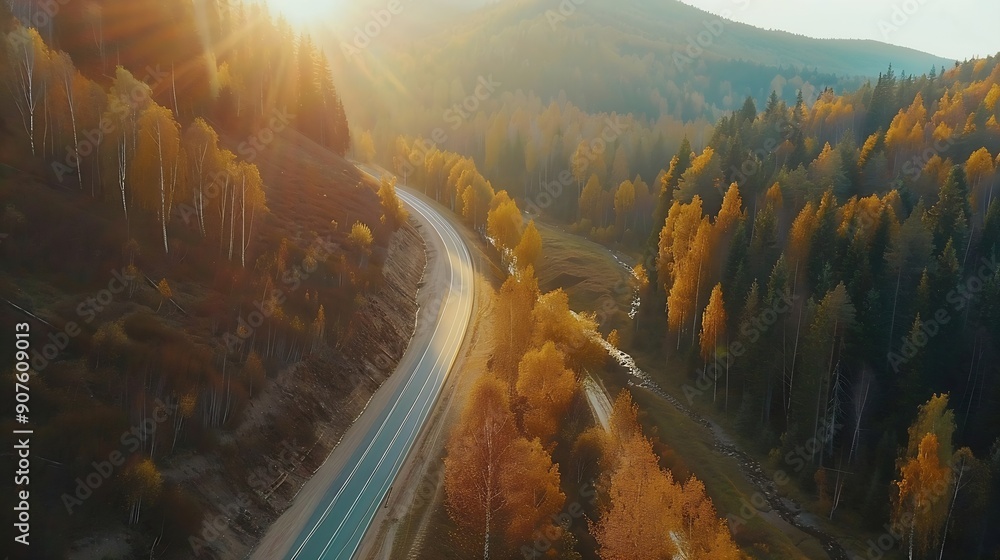 Poster aerial view of mountain road in forest at sunset in autumn top view from drone of road in woods beau