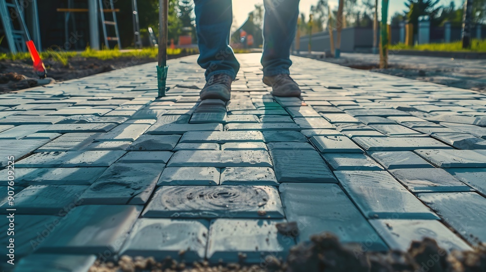 Poster process of building sidewalk worker laying interlocking walking path industrial concept : generative