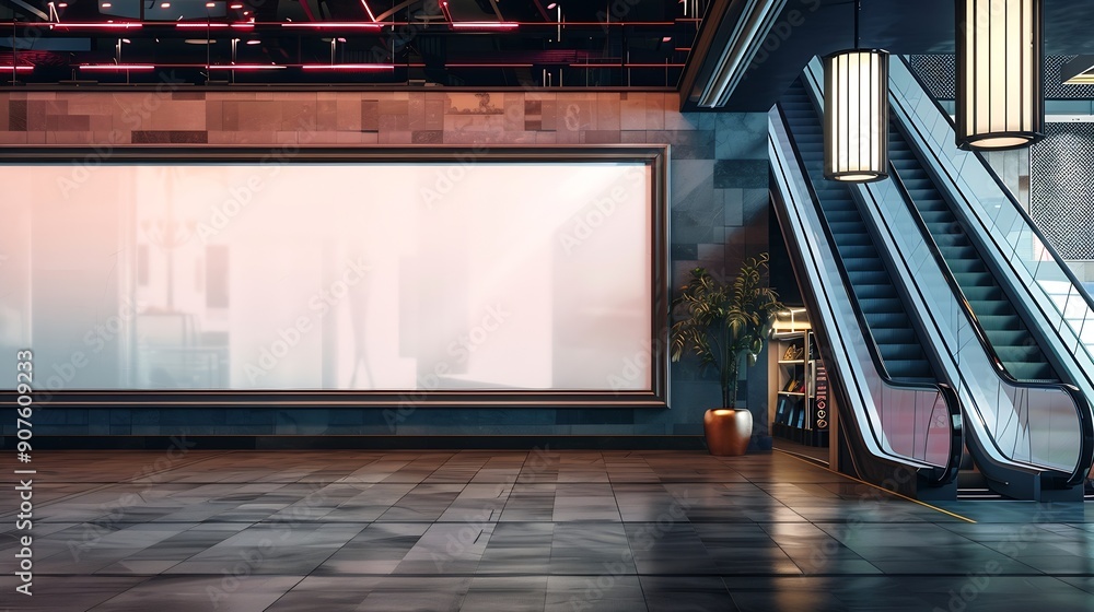 Aufkleber mock up horizontal large billboard on the wall near escalator in shopping mall four lamps hanging on