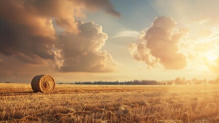 A field with golden haystacks with a cloudy sky at sunset or sunrise Procurement of animal feed in agriculture : Generative AI